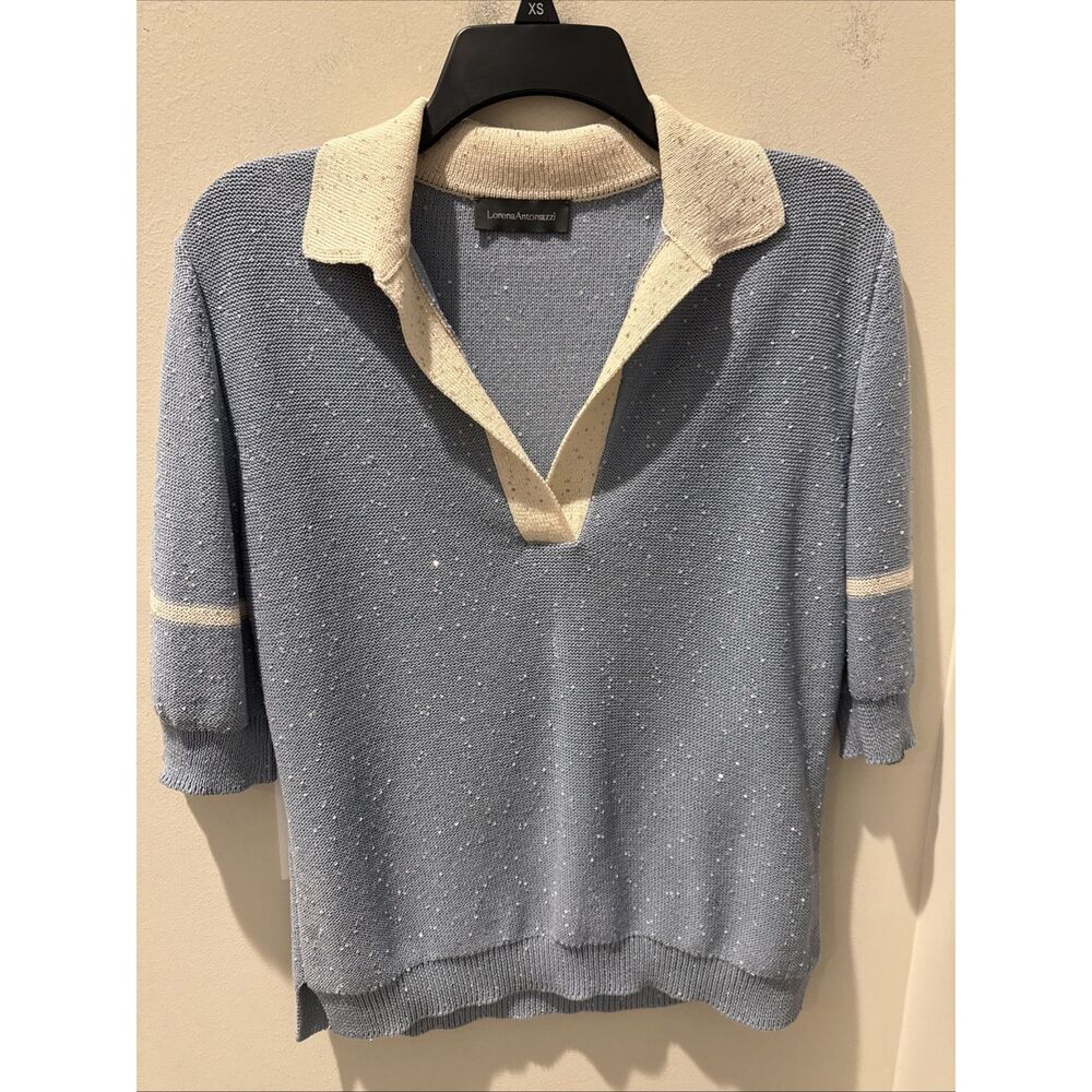 Lorena Antoniazzi Women’s Polo Light Blue White Collar Sequins Size IT 44